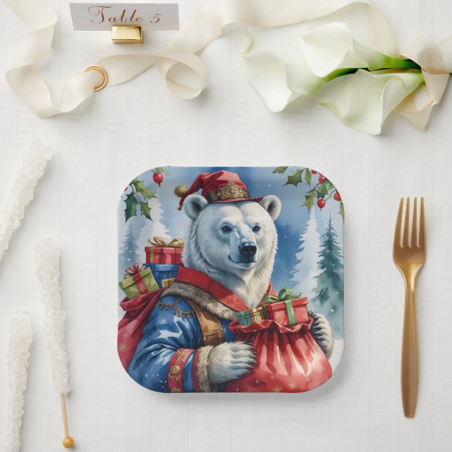 Plato De Papel Diseño de los Navidades Polar Bear Santa (Boda)