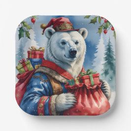 Plato De Papel Diseño de los Navidades Polar Bear Santa