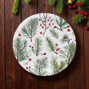 Plato De Papel Diseño de madera de pino y bayas rojas