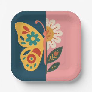 Plato De Papel Diseño de mariposa y flor colorido