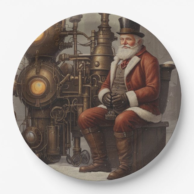 Plato De Papel Diseño de Navidades de Santa Claus Steampunk (Anverso)