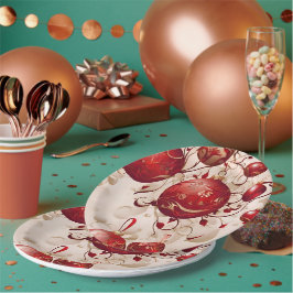 Plato De Papel Diseño de patrón de adornos rojos de Navidad