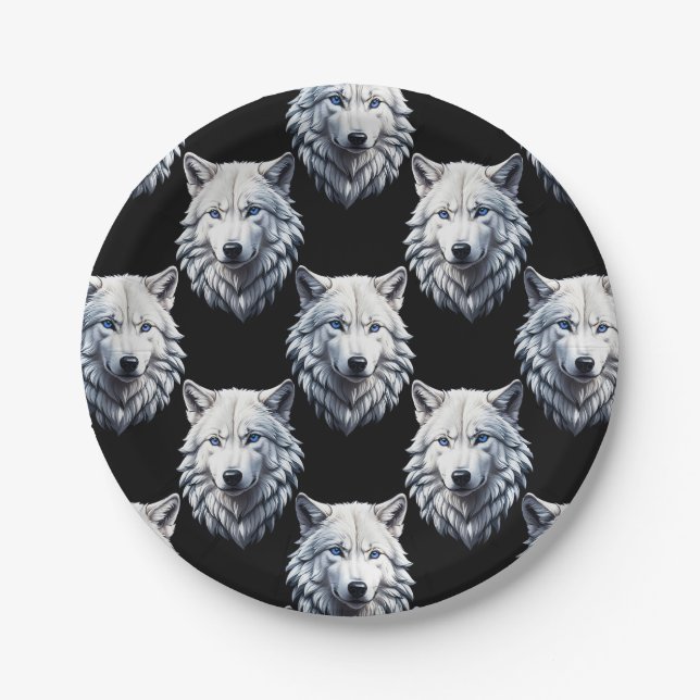 Plato De Papel Diseño de patrón de cabeza de lobo blanco (Anverso)