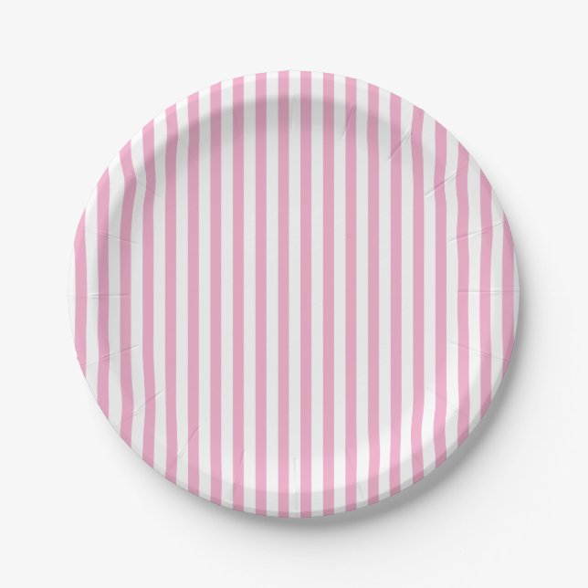 Plato De Papel Diseño de Patrón de Raya Vertical Rosa Blanco (Anverso)