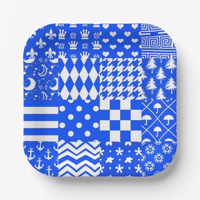 Plato De Papel Diseño de patrones mixtos azul blanco (Anverso)