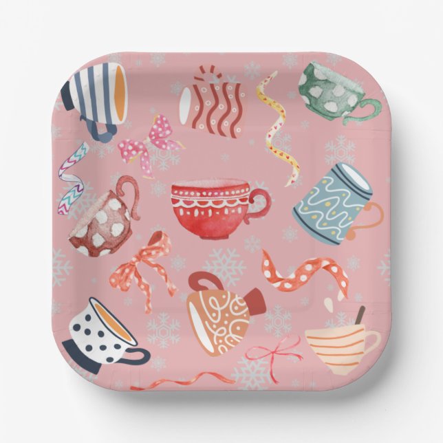 Plato De Papel Diseño de patrones tradicionales festivos azul ros (Anverso)