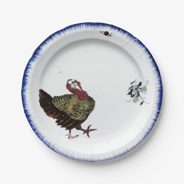 Plato De Papel Diseño de pavo de porcelana antigua Azul de Acción (Anverso)