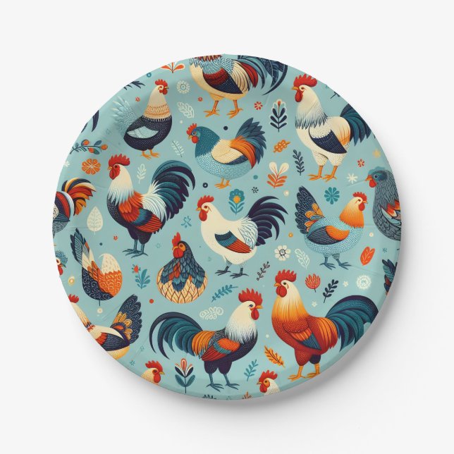 Plato De Papel Diseño de pollos y gallos (Anverso)