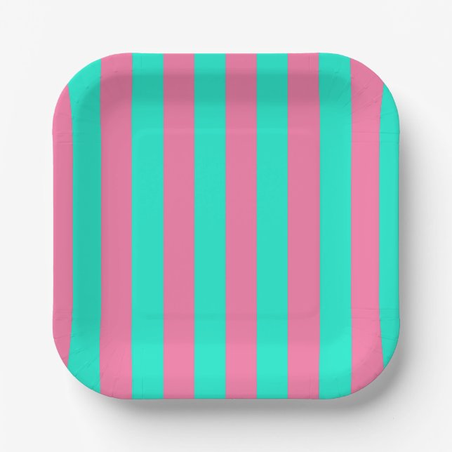 Plato De Papel Diseño de rayas verdes menta rosadas (Anverso)