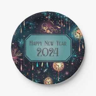 Plato De Papel Diseño de reloj colorido en la víspera de Año Nuev