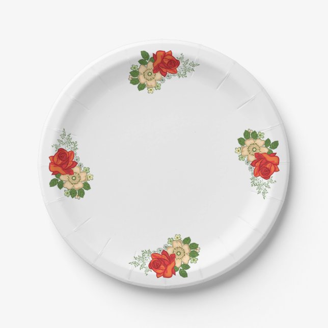 Plato De Papel Diseño de Rosa Roja y Margaritas (Anverso)