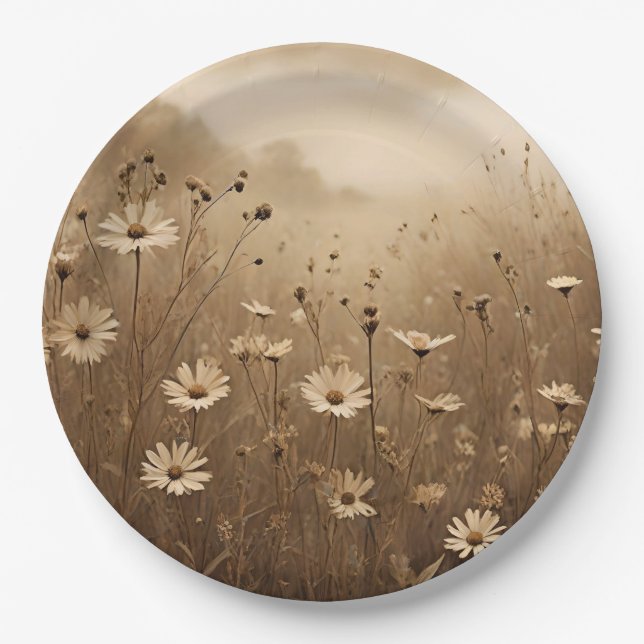 Plato De Papel Diseño de Sepia Wildflowers (Anverso)