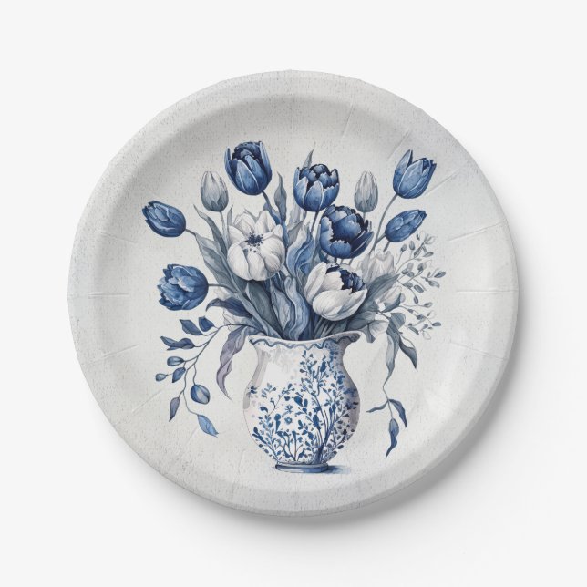 Plato De Papel Diseño de tulipanes estilo Delft azul y blanco (Anverso)