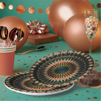 Plato De Papel Diseño de Vibra Terrosa Espiral Naranja Verde Acuá