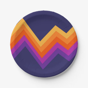 Plato De Papel Diseño de zigzag retro morado, naranja y amarillo