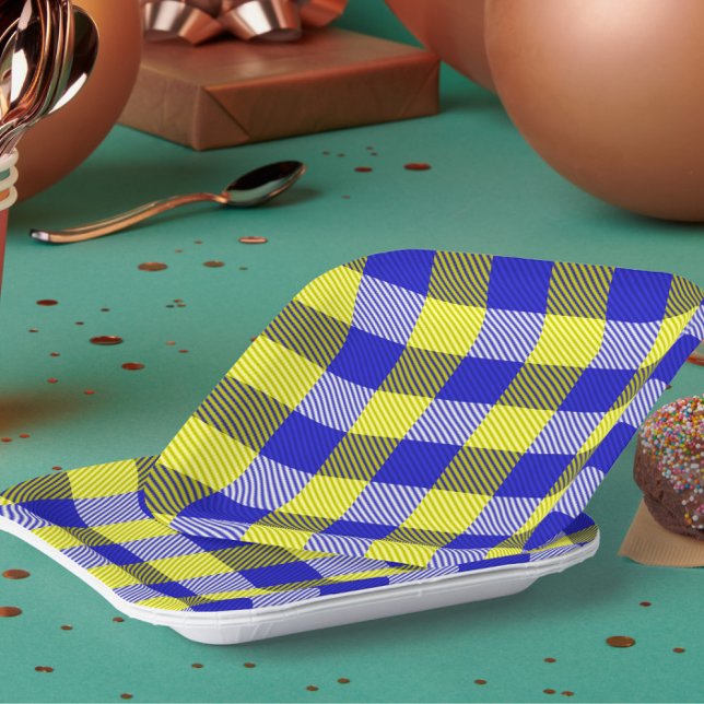 Plato De Papel Diseño del cheque de Gingham amarillo azul (Subido por el creador)