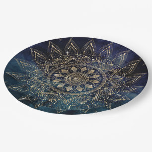Plato De Papel Diseño elegante Gold Mandala Blue Galaxy