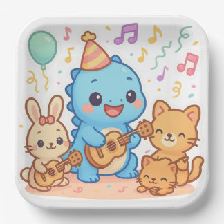 Plato De Papel Diseño Fiesta de niños de dinosaurios kawaii - Din