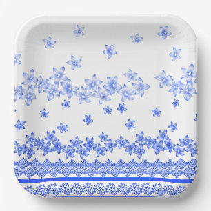 Plato De Papel diseño floral azul y blanco,