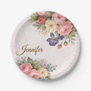 Plato De Papel Diseño Floral de Rosa Vintage Rústico Personalizad