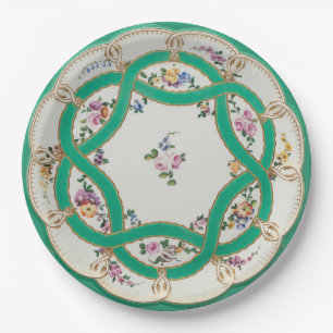 Plato De Papel Diseño Floral Vintage Verde y Dorado con Nudo Fals