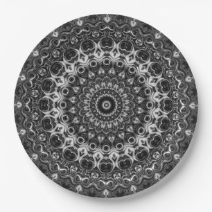 Plato De Papel Diseño Geométrico Mandala Blanco y Negro