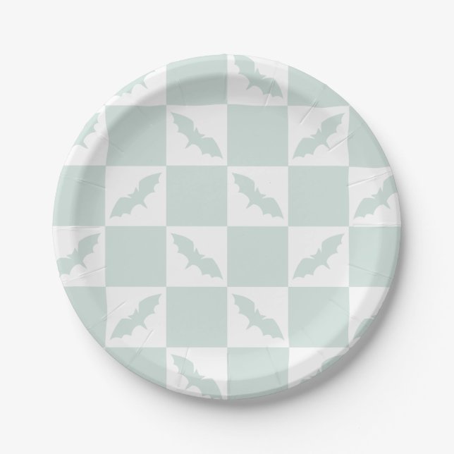 Plato De Papel Diseño Mint Green Check con bats volantes (Anverso)