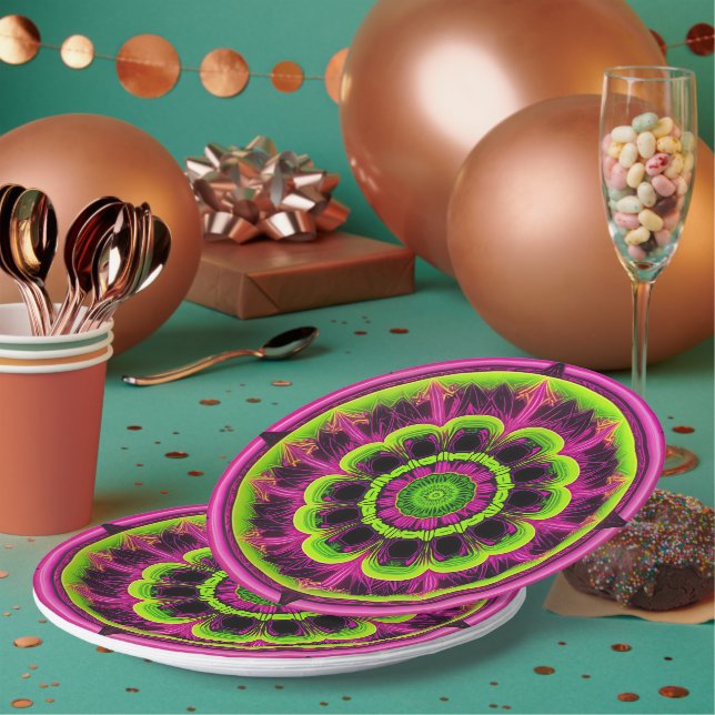 Plato De Papel Diseño Neon Pink Y Green Kaleidoscope (Multi)