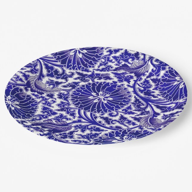 Plato De Papel Diseño ornamental azul vibrante (Angular)