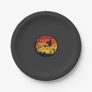 Plato De Papel Diseño Retro Círculo Silueta Bruja Atardecer Hallo