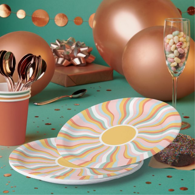 Plato De Papel Diseño retro de Boho Wavy Sun Rays (Multi)