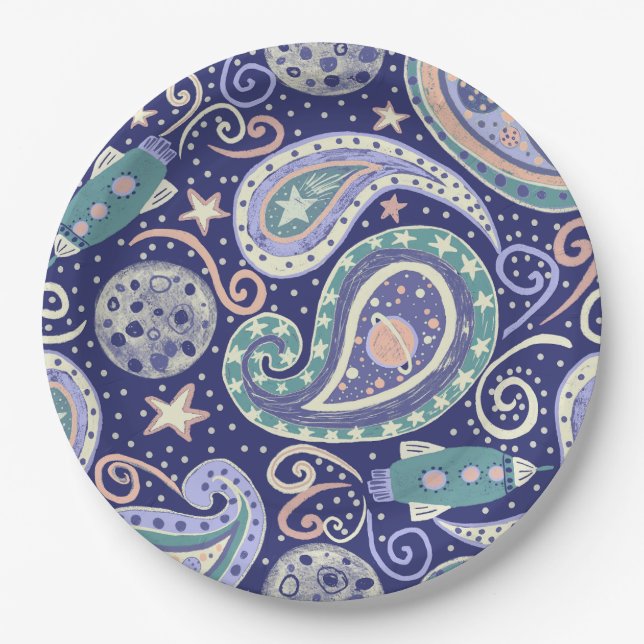 Plato De Papel Diseño Retro de Galaxia Espacial (Anverso)