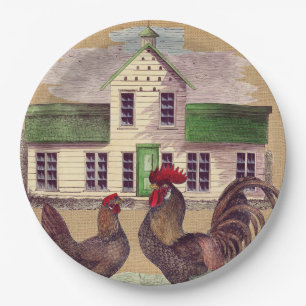 Plato De Papel Diseño rústico de los pollos del corral del arte