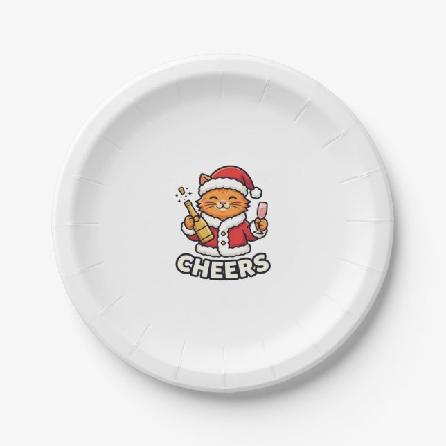 Plato De Papel Diseño Vectorial de Gato de Navidad Feliz (Anverso)