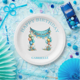 Plato De Papel Diversión Caprichosa Cumpleaños Verde Azulado