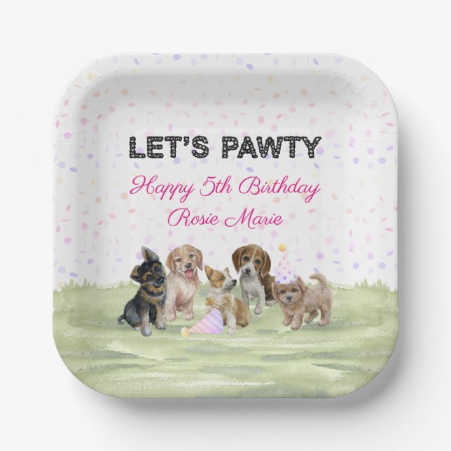Plato De Papel Diversión Cumpleaños Personalizado de Perrito Rosa (Anverso)