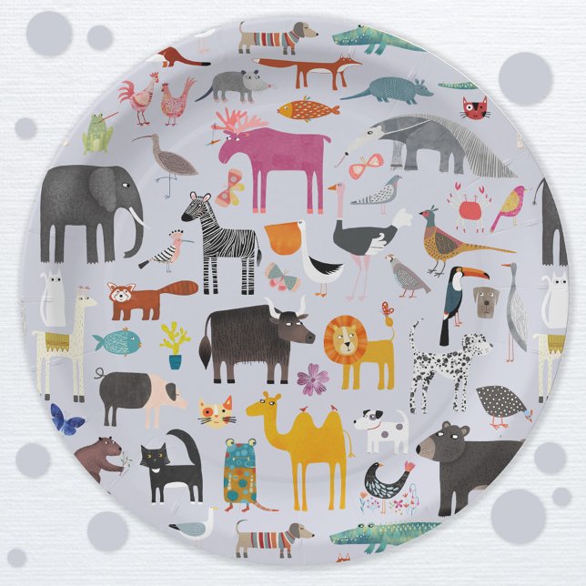 Plato De Papel Diversión de Menagerie Animal (Jungle safari zoo wild and pet animal themed party paper plates)