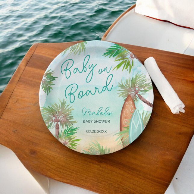 Plato De Papel Diversión Palmeras tropicales bebé en la playa a b (Fun Tropical palm trees beach baby on board shower Paper Plates)