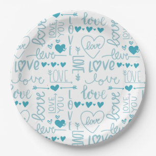 Plato De Papel Diversión turquesa y amor y corazones modernos