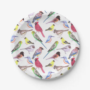 Plato De Papel Diversos pájaros en acuarela - adorables pájaros