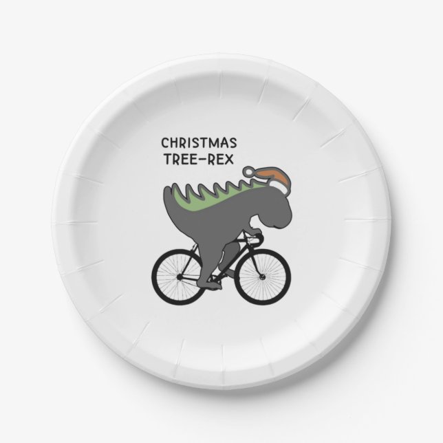 Plato De Papel Divertido Árbol De Navidad De Dinosaurios En Bicic (Anverso)