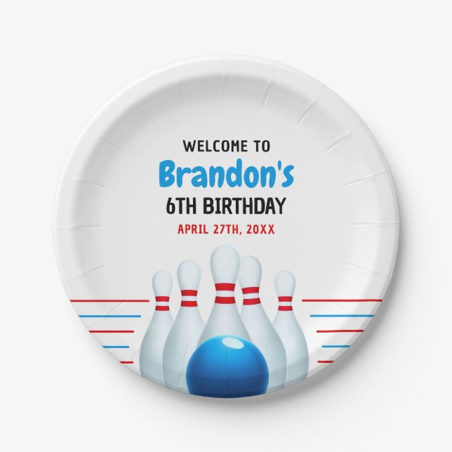 Plato De Papel Divertido Blue & Red Bowling Kids 6º cumpleaños (Anverso)