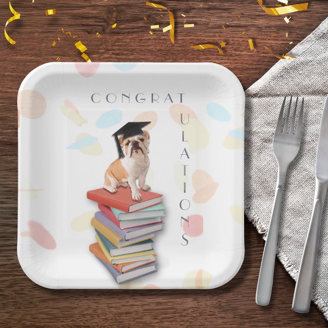 Plato De Papel Divertido Bulldog Graduación Partido Personalizado (Funny Bulldog Graduation Personalized Paper Plates..and don't forget the matching cups and napkins!)