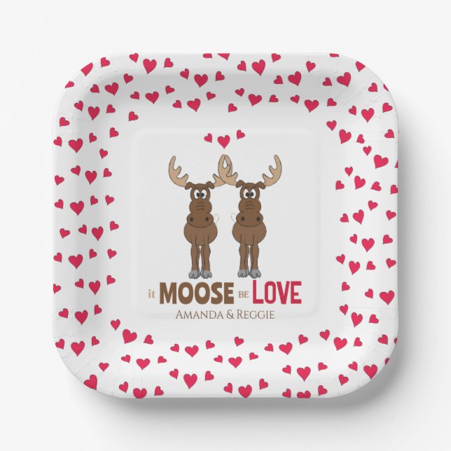 Plato De Papel Divertido de Bodas Gracioso Corazón de Moose (Anverso)