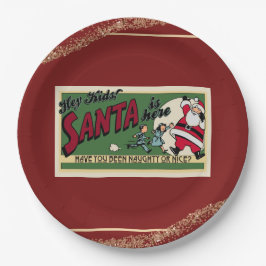 Plato De Papel Divertido Purpurina de Retro Santa Textos travieso