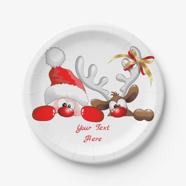 Plato De Papel Divertido Santa y Personalizado de renos (Anverso)