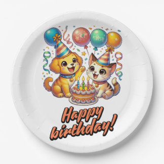 Plato De Papel Divertido y lindo Fiesta de cumpleaños y gatitos