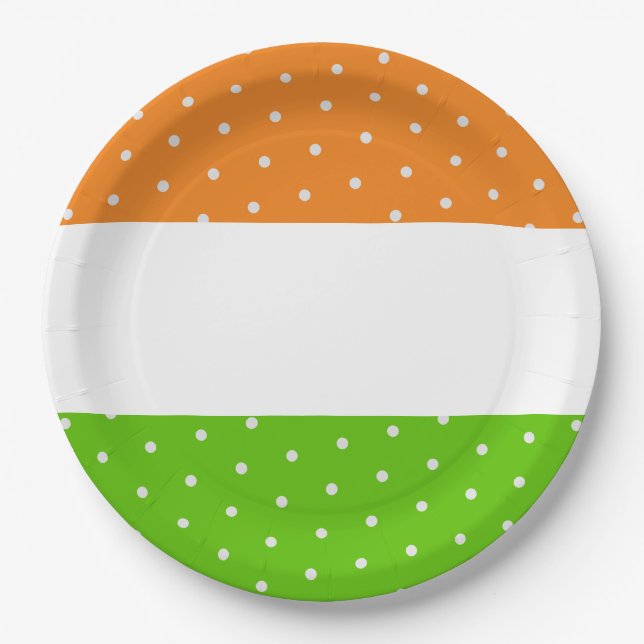 Plato De Papel Divertidos puntos blancos brillantes tiras Naranja (Anverso)