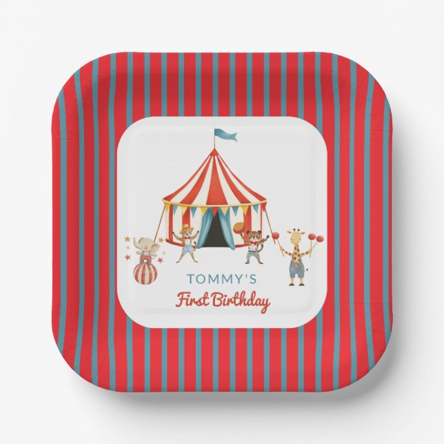 Plato De Papel Diviértete  Carpa de Circo de Animales Cumpleaños  (Anverso)