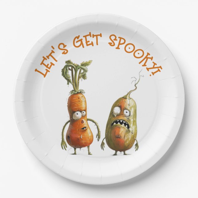 Plato De Papel Diviértete con vegetales zombies de Halloween  (Anverso)